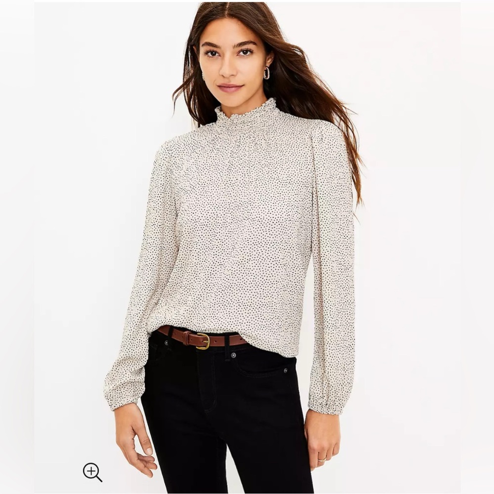 LOFT Dotted Smocked Mock Neck Top